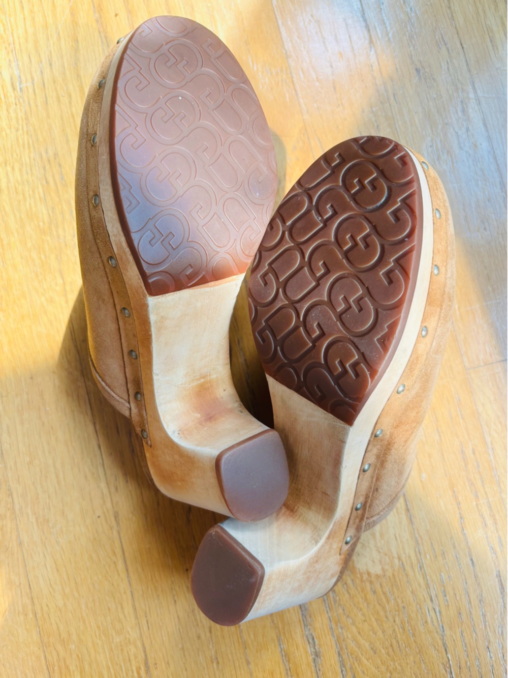 UGG Tan Suede Studded Wooden Clog Mules - Picture 10 of 10